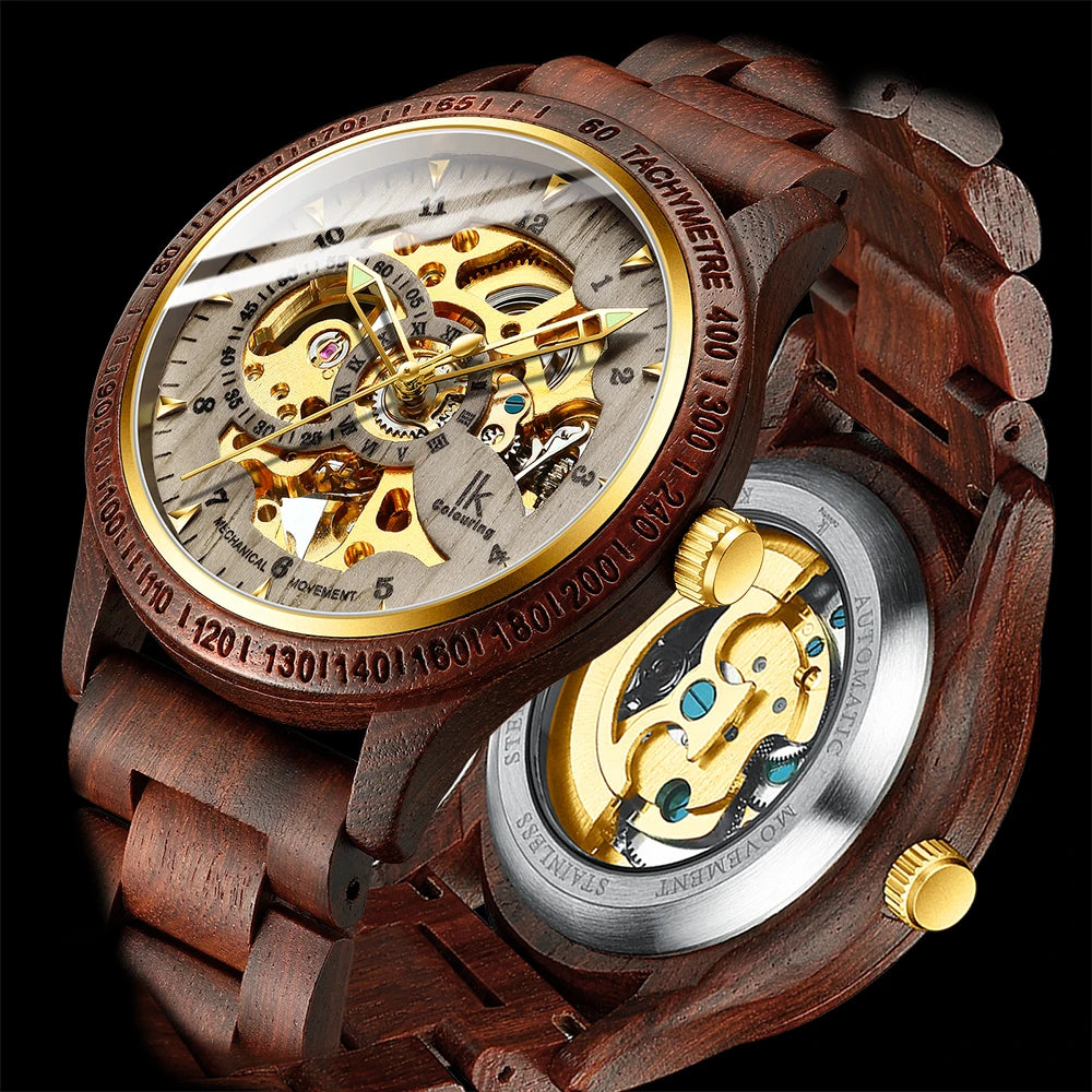 Classic Fashion Wooden Men Automatic Mechanical Watch Wooden Strap Skeleton Transparent Sport male WristWatch Relogio Masculino